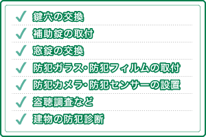 鍵穴／補助錠／窓錠／防犯ガラス／防犯フィルム／防犯カメラ／防犯センサー／盗聴／診断